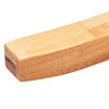 Close-up of the smooth bamboo edge of a bathroom shower chair bench with a storage shelf for moisture resistance.