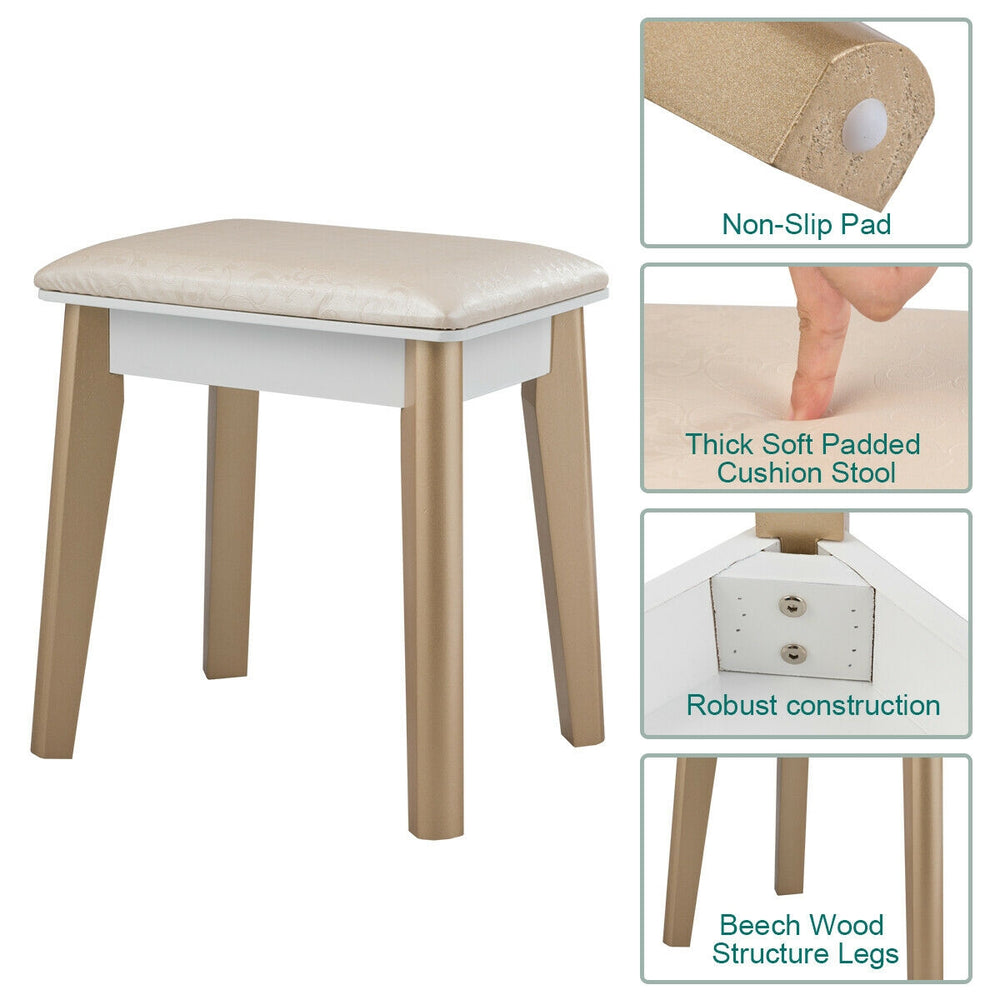 Single stool with thick padded cushion, beech wood legs, and non-slip pad for makeup dressing table use.