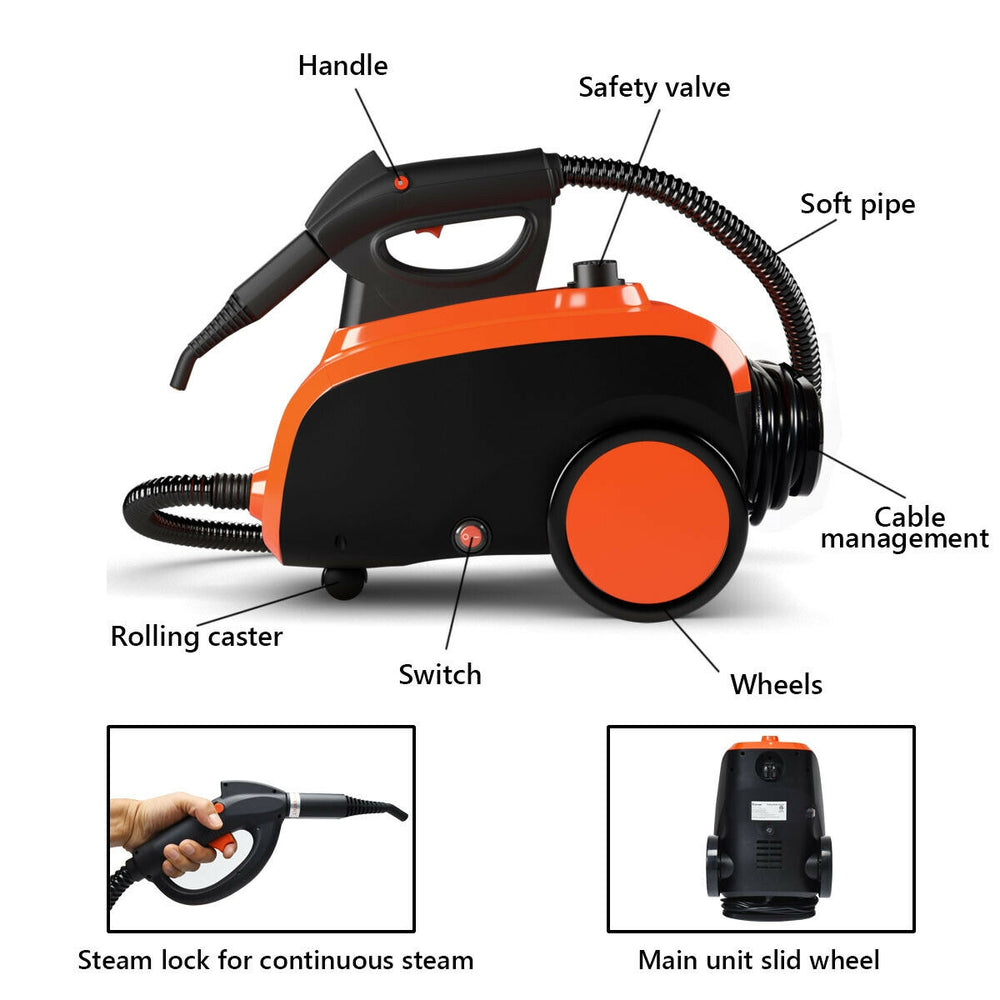 Heavy duty household steam cleaner with rolling caster, safety valve, and 18 accessories for versatile cleaning.