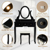 Vanity table set with oval mirror, 12 LED bulbs, and 5 drawers in black, perfect for makeup or writing use.