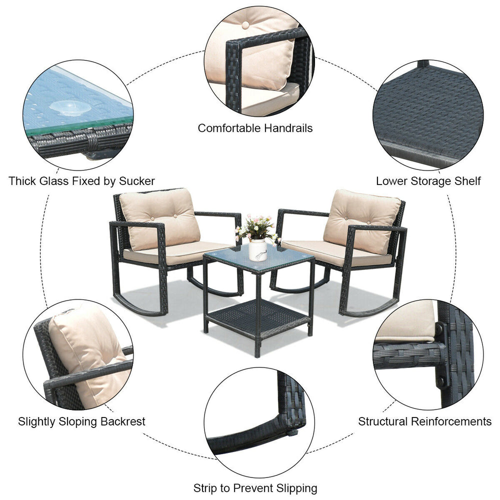 Wicker rocking bistro set with beige cushions, including 2 chairs and a glass coffee table with storage shelf.