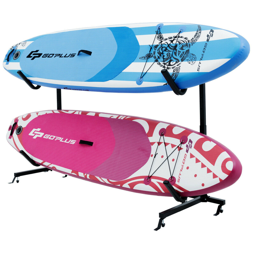 Freestanding height adjustable dual kayak storage rack with two removable hooks, heavy-duty steel frame for indoor or.