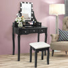 Front view of the black vanity dressing table with cushioned stool, featuring elegant design and removable storage box.
