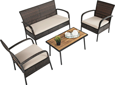 Costway Cushioned Wicker Conversation Set with Acacia Wood Tabletop 4 Pieces New