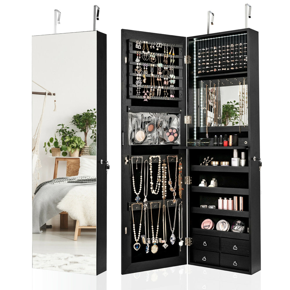 Multipurpose black jewelry cabinet with full-length mirror, 36 hooks, 108 earring slots, and 4 drawers for organized.