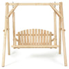 Outdoor wooden porch bench swing chair made of fir wood with a rustic curved back, ideal for patio and garden.