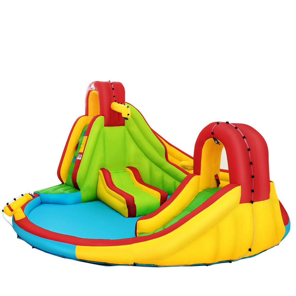 Kid's inflatable water slide bounce house showcasing the climbing wall and colorful slides, ideal for summer outdoor.