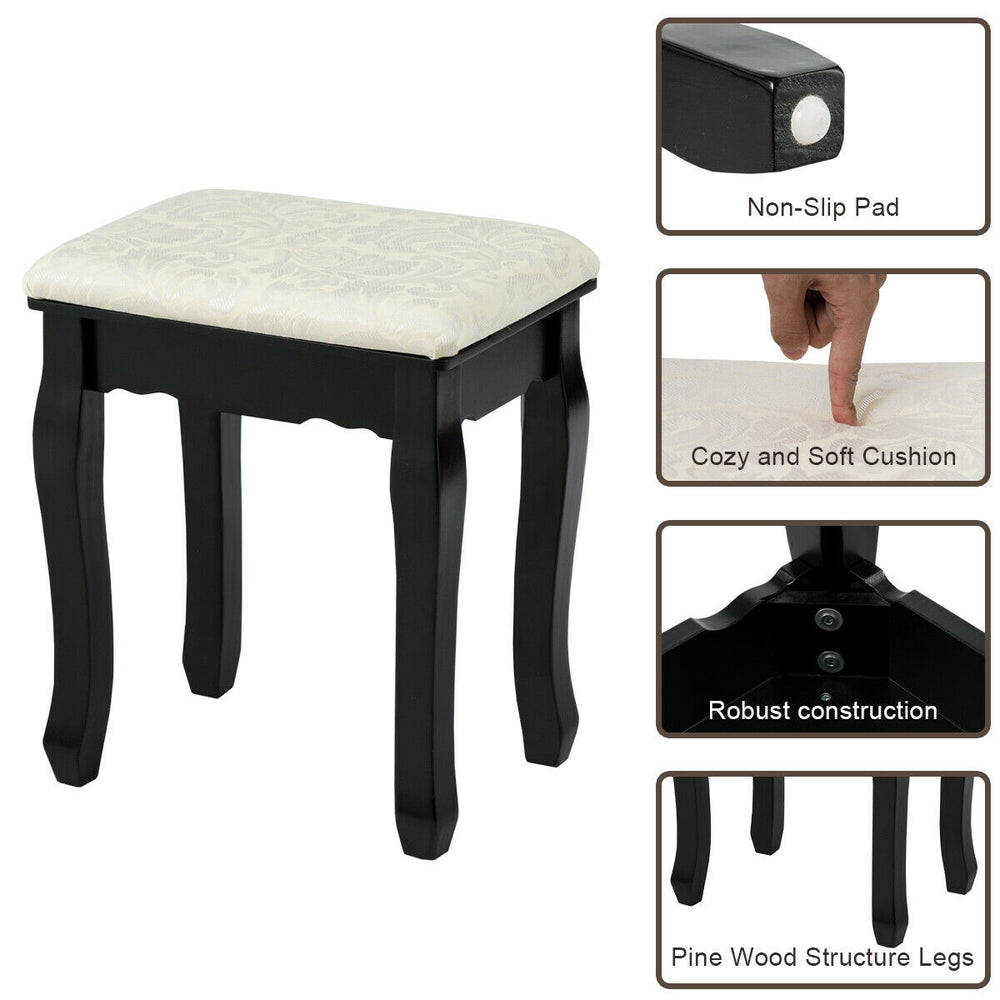 Black vanity stool with soft cushion and non-slip pad, perfect for comfortable seating at your dressing table.