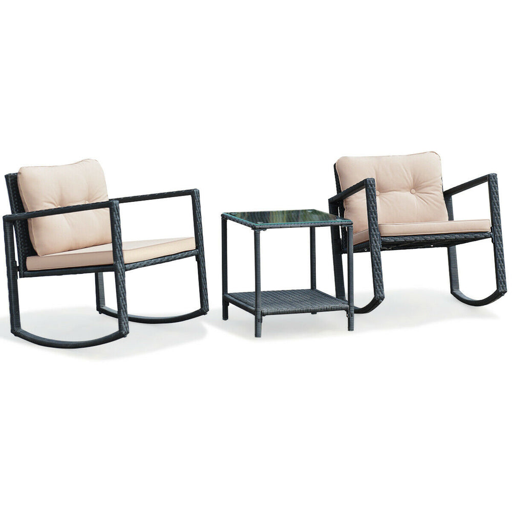 Beige cushion on a wicker rocking chair from the 3-piece set, showcasing a sturdy frame perfect for outdoor enjoyment.
