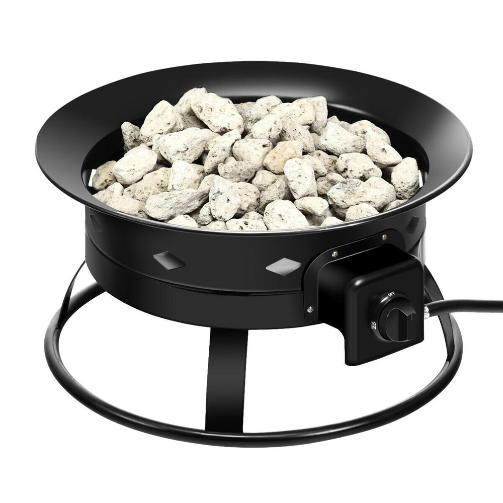 Portable propane fire pit with black powder-coated iron base and lava rocks, perfect for outdoor camping and gatherings.
