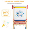 Top roll with drawing paper on a kid's art easel, featuring adjustable height and magnetic stickers for creative play.