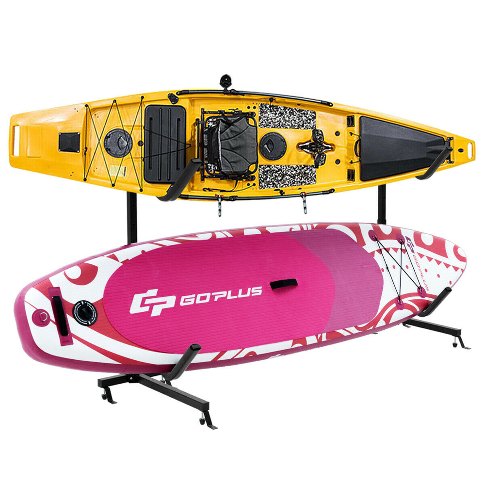 Freestanding height adjustable dual kayak storage rack with two kayaks, heavy-duty steel frame for indoor or outdoor.