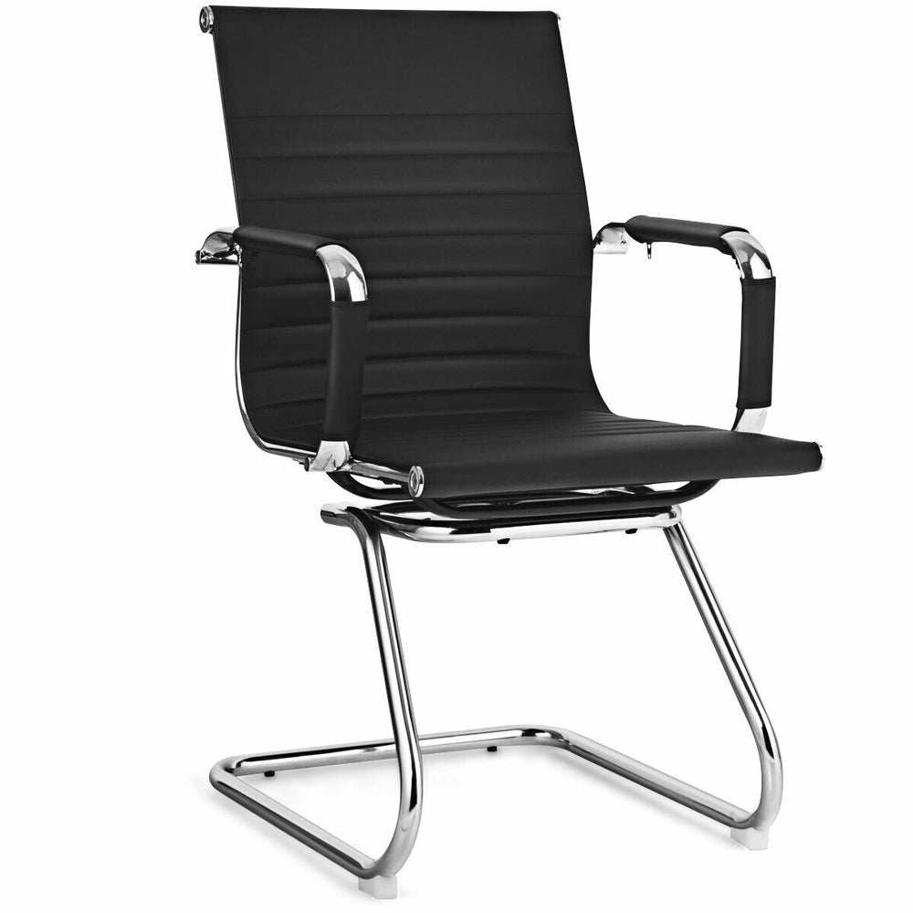 Single black PU leather conference chair with ergonomic design and sturdy sled base, perfect for modern office spaces.