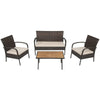 Costway Cushioned Wicker Conversation Set with Acacia Wood Tabletop 4 Pieces New