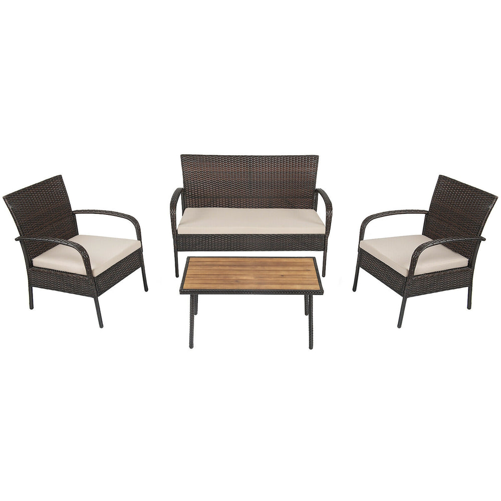 Costway Cushioned Wicker Conversation Set with Acacia Wood Tabletop 4 Pieces New
