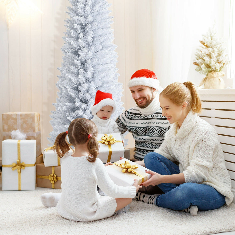 7-foot unlit artificial slim Christmas pencil tree with a white color, ideal for holiday decoration in any space.