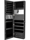Multipurpose black storage cabinet with 4 drawers, inner mirror, and LED lights for organized jewelry and cosmetics.
