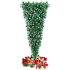 Snowy 7.5 ft upside down Christmas tree with 400 LED lights, featuring a cross-shaped metal base for stability.