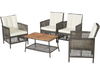 5-piece patio rattan furniture set with off-white cushions, featuring 4 armchairs and a wooden tabletop coffee table.