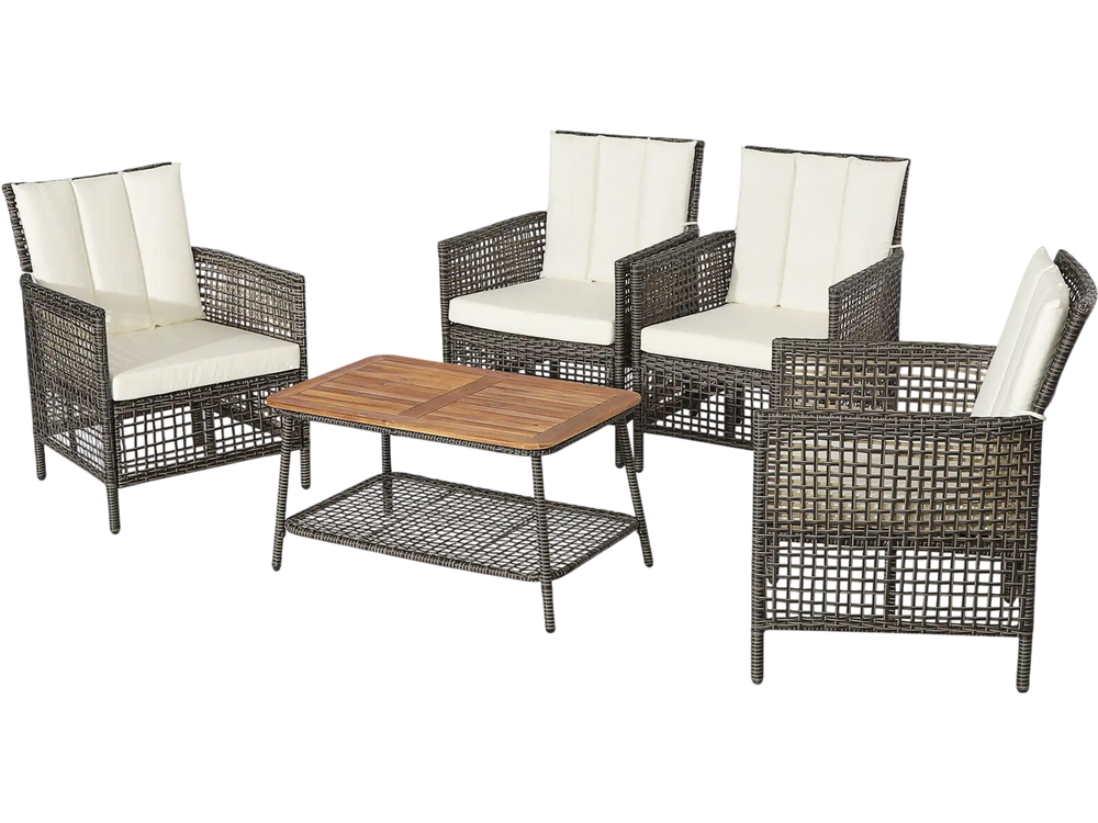 5-piece patio rattan furniture set with off-white cushions, featuring 4 armchairs and a wooden tabletop coffee table.