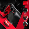 Black boxing gloves with red accents, made of durable PVC leather, featuring anti-perspiration holes for training.