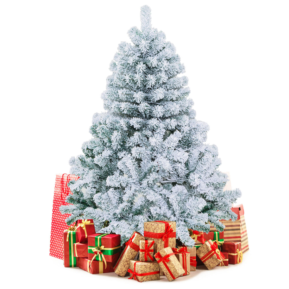 Snow flocked 4.5 feet Christmas tree with 150 warm white lights and wrapped gifts, perfect for festive holiday decor.