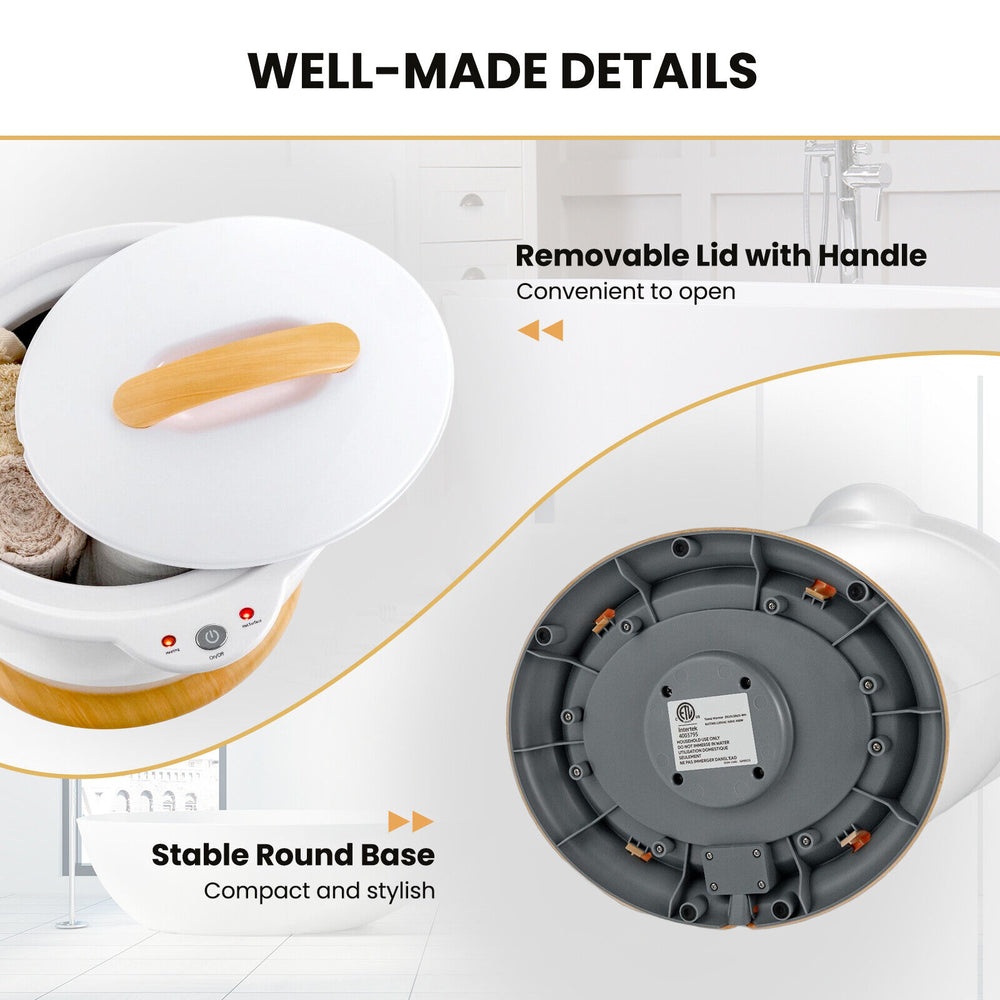 Removable lid with handle and stable round base of the white bathroom towel warmer bucket for easy use and safety.