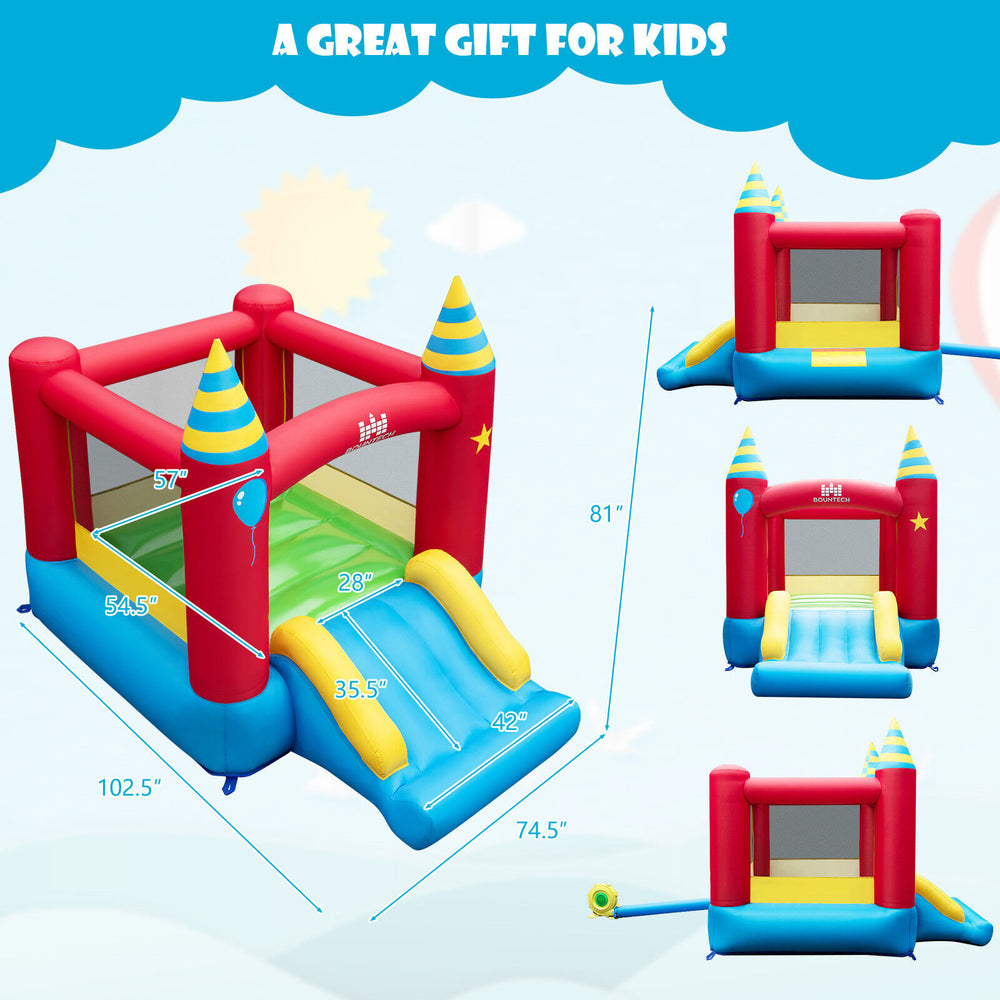 Inflatable kids bounce castle with slide, 420D oxford cloth, mesh walls, ideal for outdoor fun and safe play.