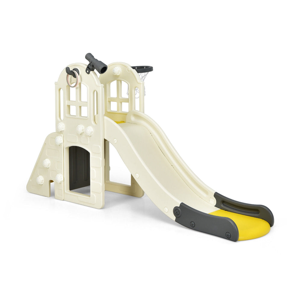 Large kids' slide playset in yellow with climbing features, basketball hoop, and safe handrails for indoor or outdoor.