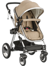Beige folding aluminum baby stroller with adjustable canopy, multi-position seat, and large storage basket for.