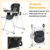 Foldable black baby high chair with adjustable backrest, double removable trays, and lockable wheels for easy transport.