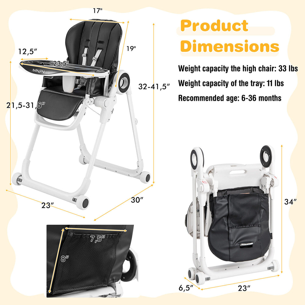 Foldable black baby high chair with adjustable backrest, double removable trays, and lockable wheels for easy transport.