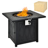 Square 32-inch propane fire pit table in black with lava rocks, ideal for outdoor patios and gardens, featuring a.