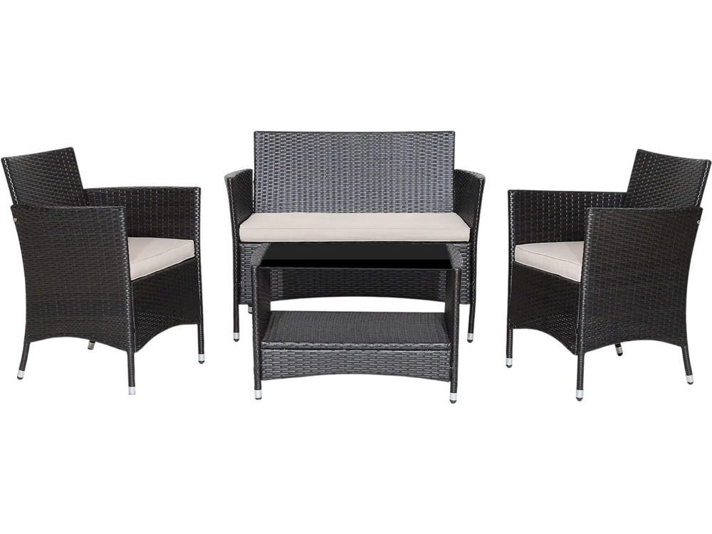 4 Pieces Patio Conversation Set with Soft Cushions and Tempered Glass Tabletop