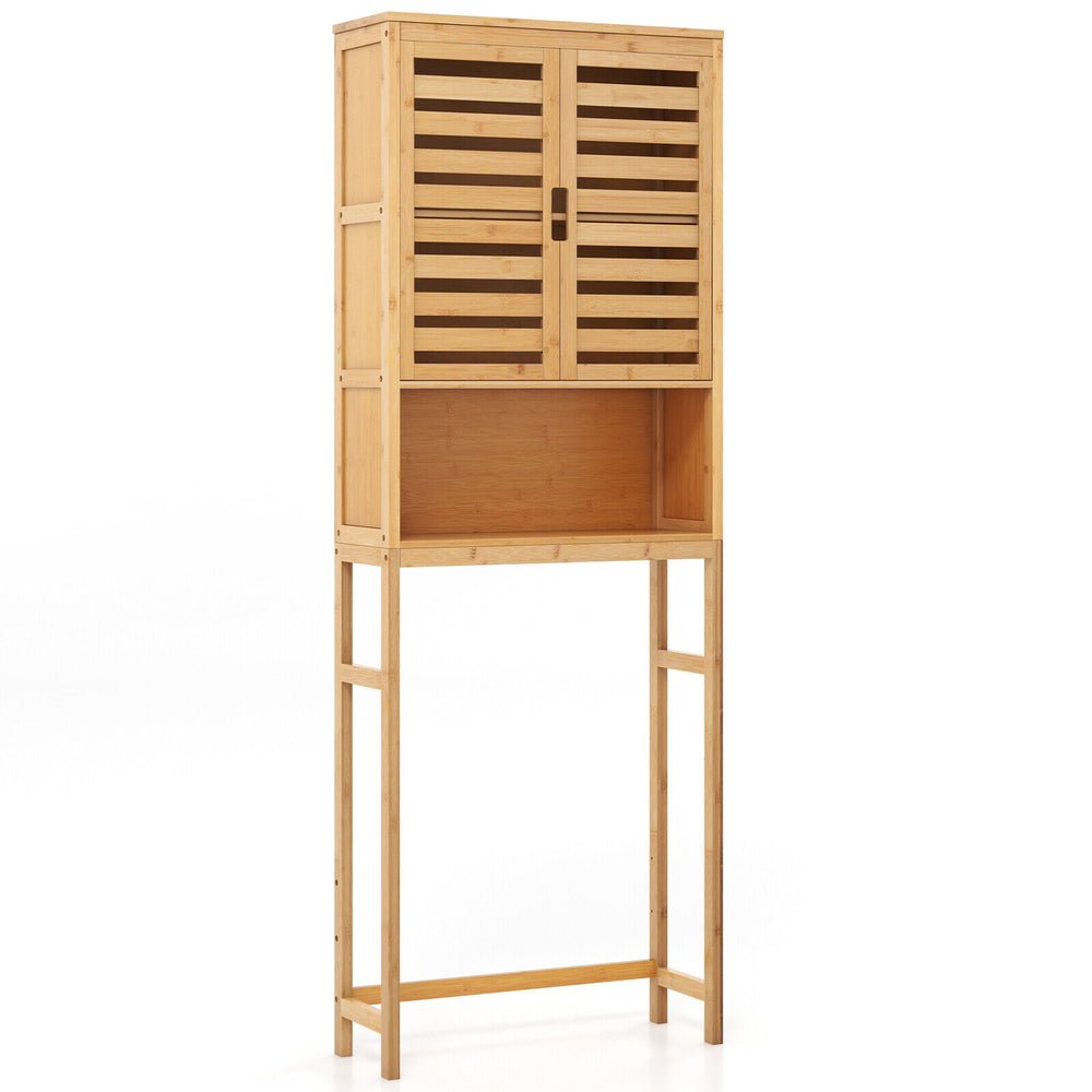 Bamboo over-the-toilet storage cabinet with double louvered doors and adjustable shelf for bathroom organization.