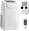 Dual hose portable air conditioner in white, showcasing easy-to-move design with carry handles and universal wheels.