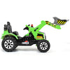 Side view of the green 12V battery-powered kids ride-on dumper truck showcasing the functional front loader and.