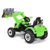 Rear view of the green 12V battery-powered kids ride-on dumper truck highlighting the operational digging handle and.