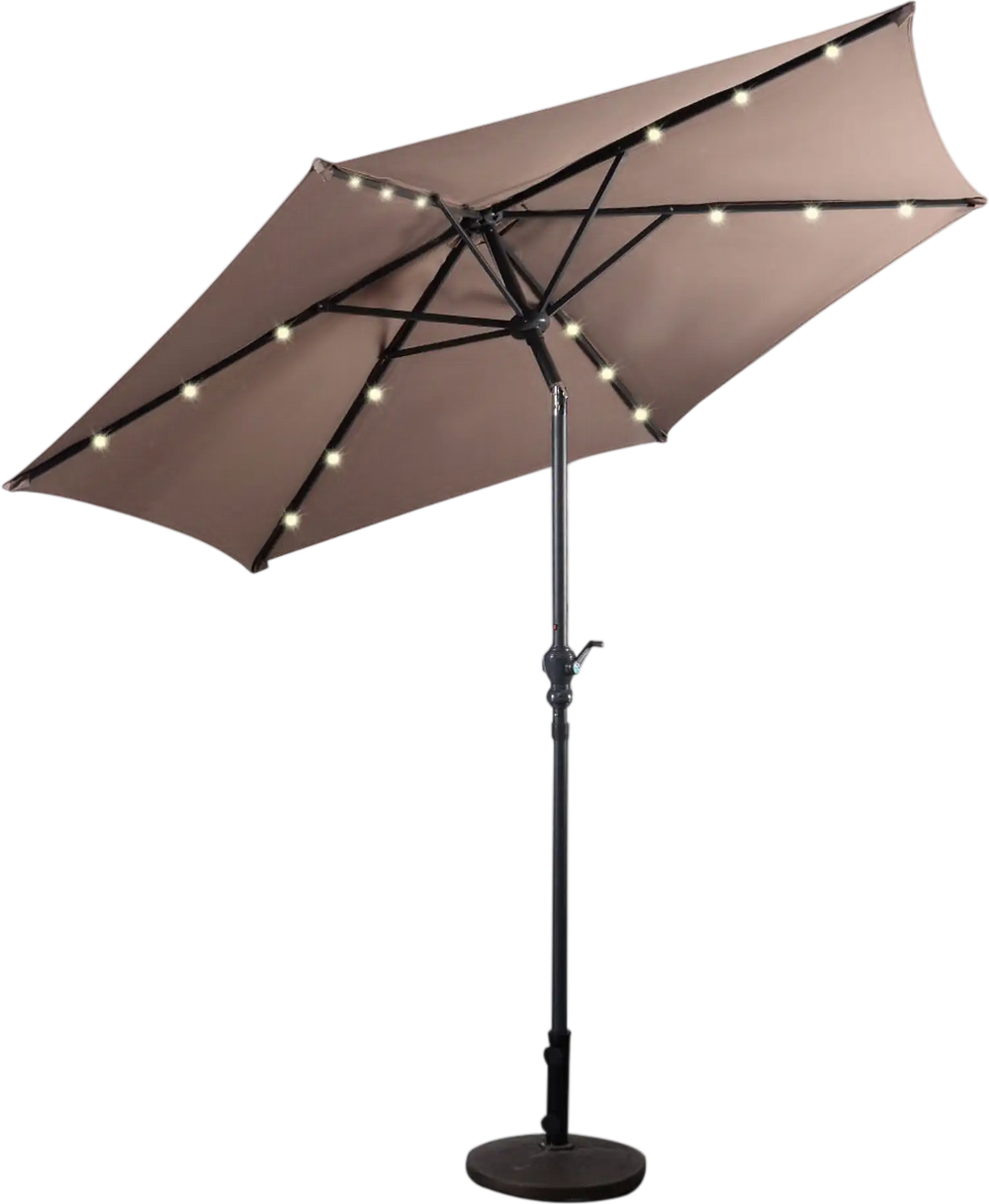 9FT solar patio umbrella with LED lights, steel tilt and crank, ideal for outdoor use in new-tan color.