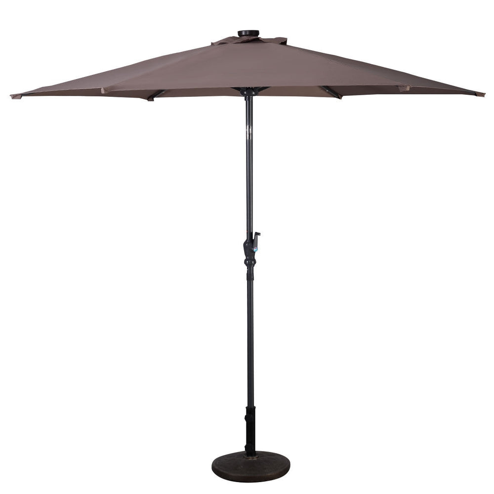 9FT tan patio solar umbrella with steel pole, tilt and crank features, ideal for outdoor shading and lighting.