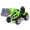 Green 12V battery-powered kids ride-on dumper truck with working front loader and comfortable seat for outdoor fun.
