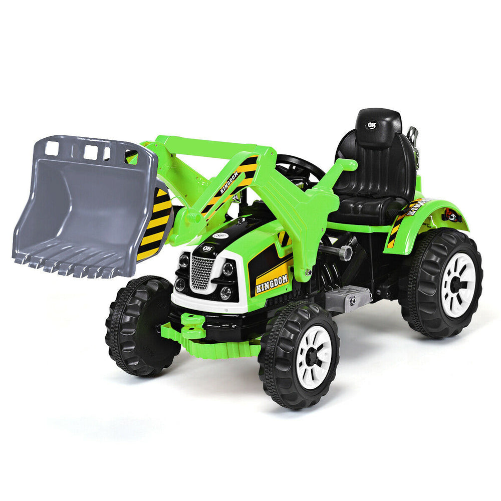 Green 12V battery-powered kids ride-on dumper truck with working front loader and comfortable seat for outdoor fun.