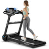 Folding treadmill with Bluetooth speaker, 2.25HP motor, wide running belt, and LED touch display for fitness tracking.
