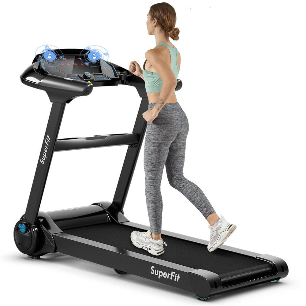 Folding treadmill with Bluetooth speaker, 2.25HP motor, wide running belt, and LED touch display for fitness tracking.