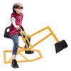 Child seated on a heavy-duty kid ride-on sand digging digger, showcasing the bright yellow design and rubber handle for.