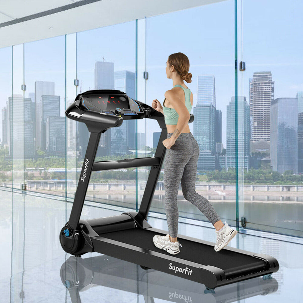 Folding treadmill with a 2.25HP motor and wide running belt, featuring a Bluetooth speaker for an enhanced workout.