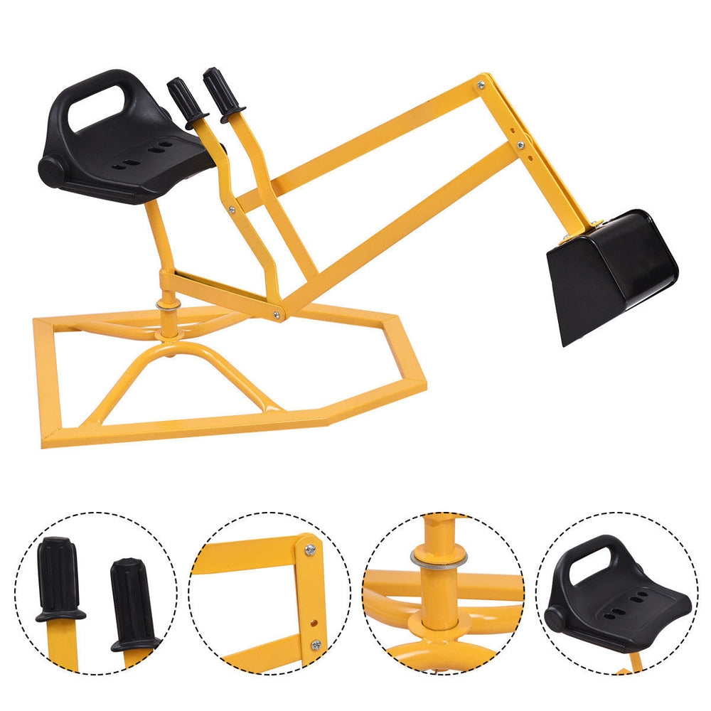 Heavy duty kid ride-on sand digging digger with sturdy steel frame and 360-degree rotatable seat for beach fun.