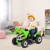 Child happily seated in a green 12V battery-powered kids ride-on dumper truck, ready for imaginative construction play.