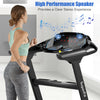 Folding treadmill with Bluetooth speaker, featuring a wide running belt and LED touch display for real-time data.