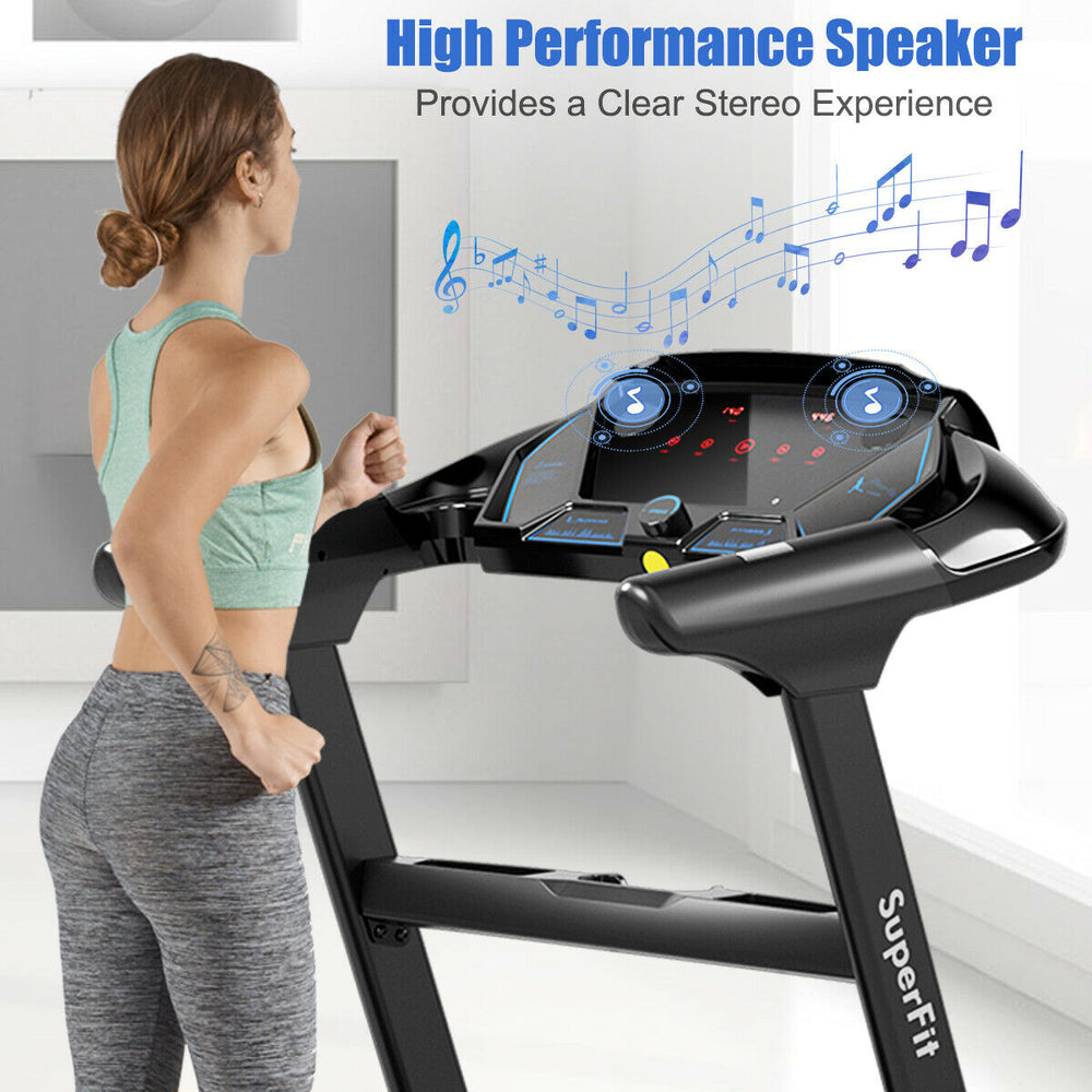 Folding treadmill with Bluetooth speaker, featuring a wide running belt and LED touch display for real-time data.